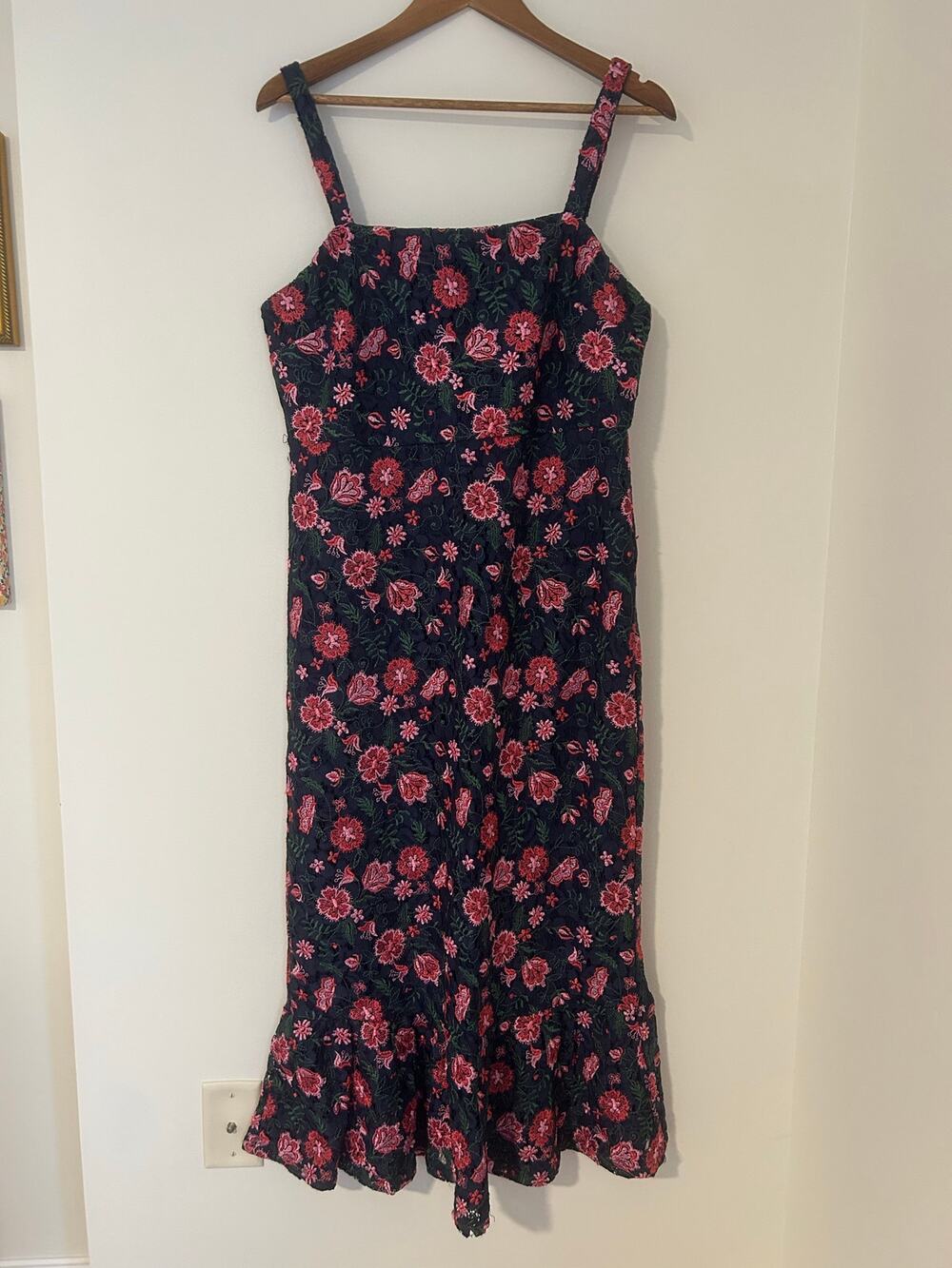 Arula Fit and Flare Navy Blue Pink Green Lace Floral Dress EUC Square Neck 0X